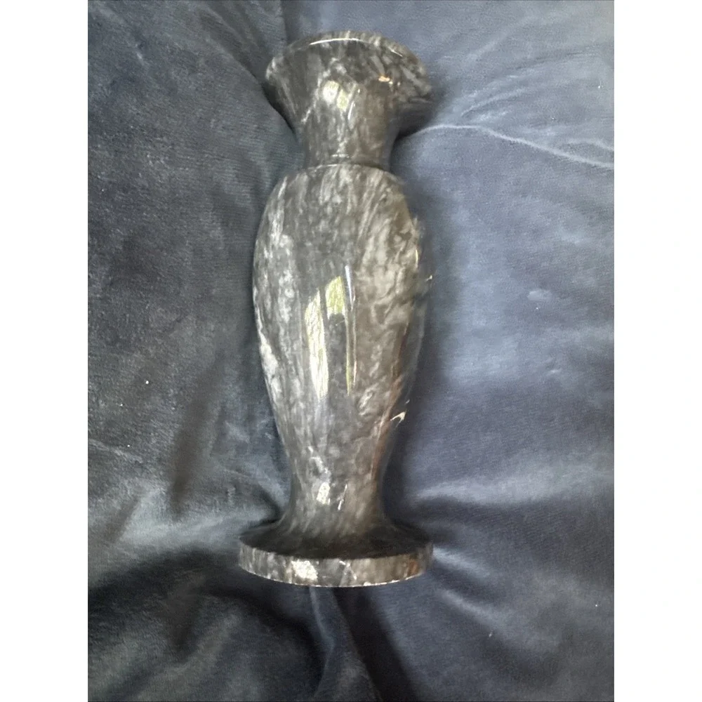 Black Marble Vase Asian Etched Bamboo VTG 1970s‎ 8 Inches Tall Chinese Folklore